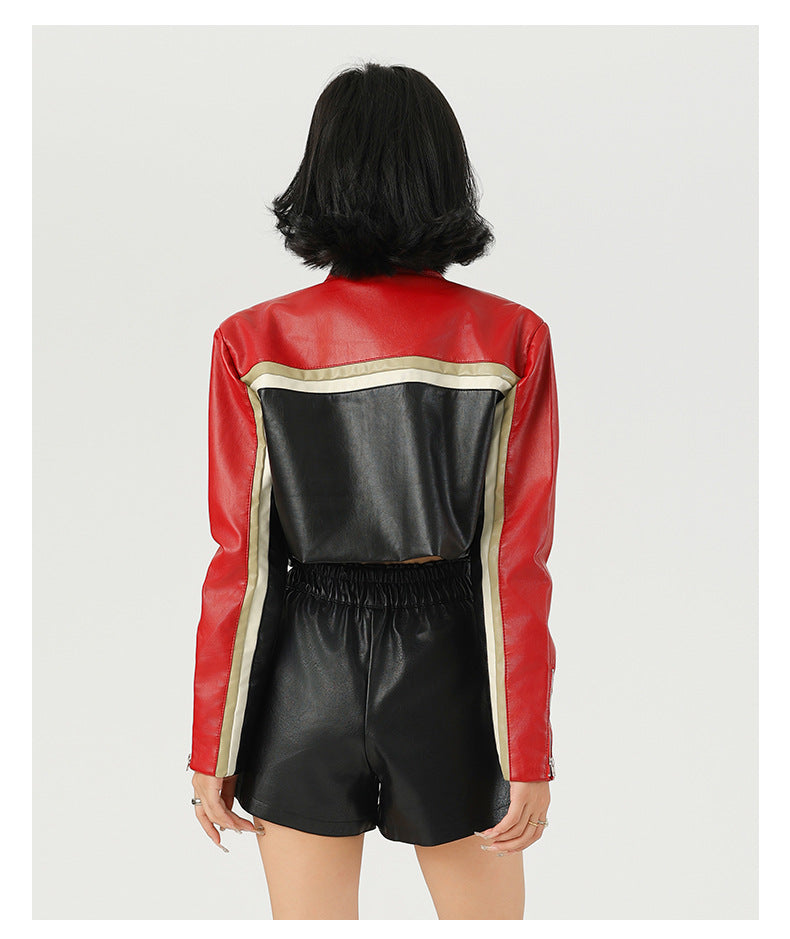 Edgy Cropped PU Leather Biker Jacket – Bold Color-Block Design-Coats & Jackets-Brick Red-S 50-55kg-Free Shipping Leatheretro