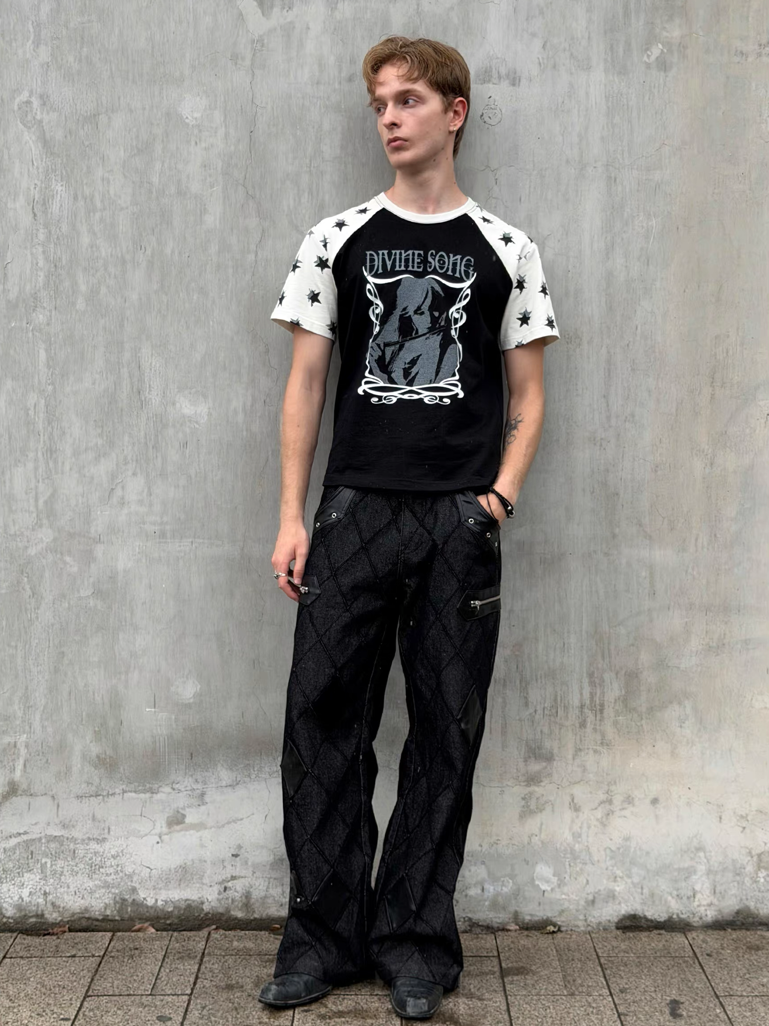 ESAIAS Diamond Faux Leather Patch Rivet Jeans-Jeans-S / 29" (Preorder)-Free Shipping Leatheretro