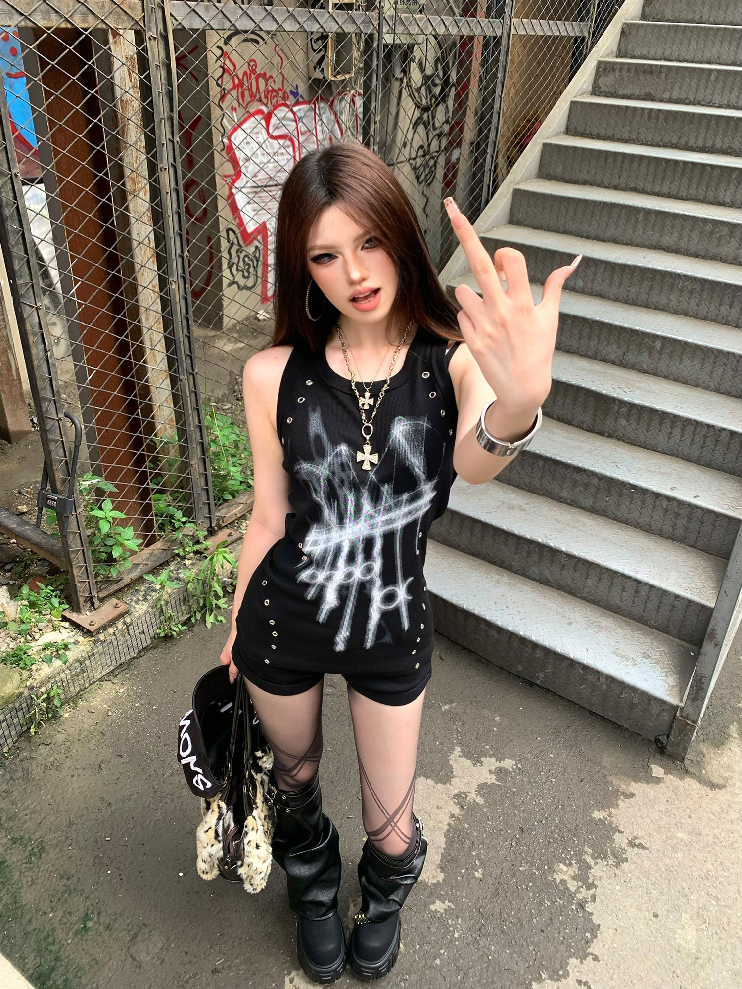 PAIKI Grommet Lightning Graphic Slim Tank Top-Tank Top-S-Black-Free Shipping Leatheretro