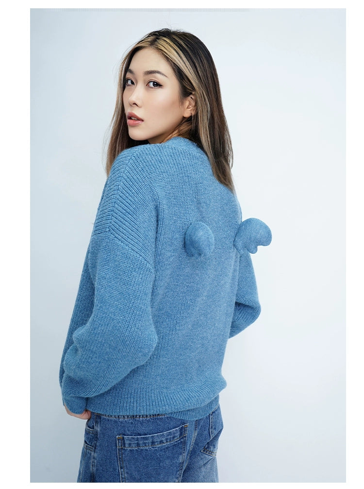 CLP Unisex Wing Design Oversized Knit Cardigan-Blue-Short Style-3 Buttons-Free Shipping Leatheretro