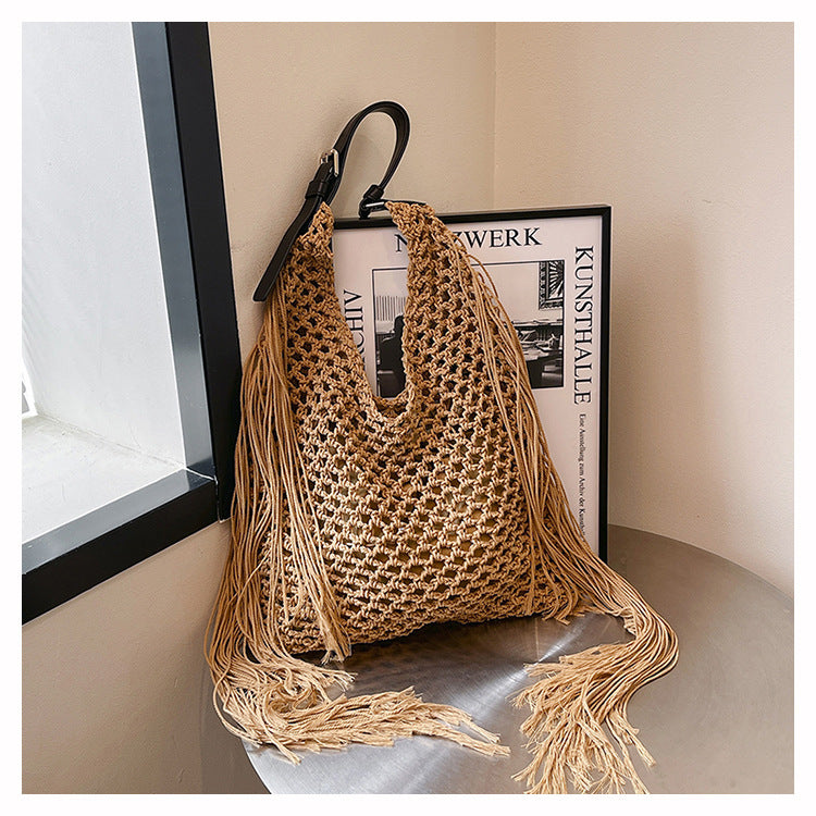 Retro Fringe Handwoven Crochet Tote Bag-Black-Free Shipping Leatheretro