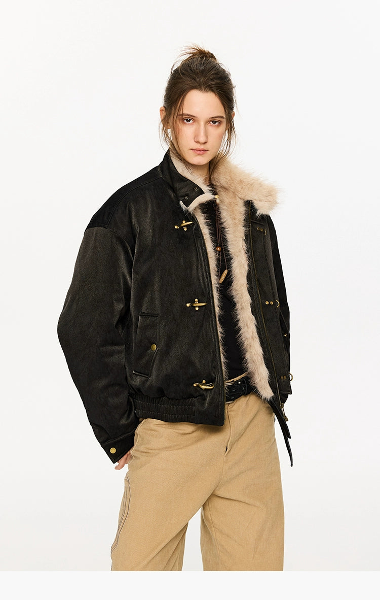 KREATE Harrington-Style PU Leather Jacket with Long Fur Collar-Ivory-S-Free Shipping Leatheretro
