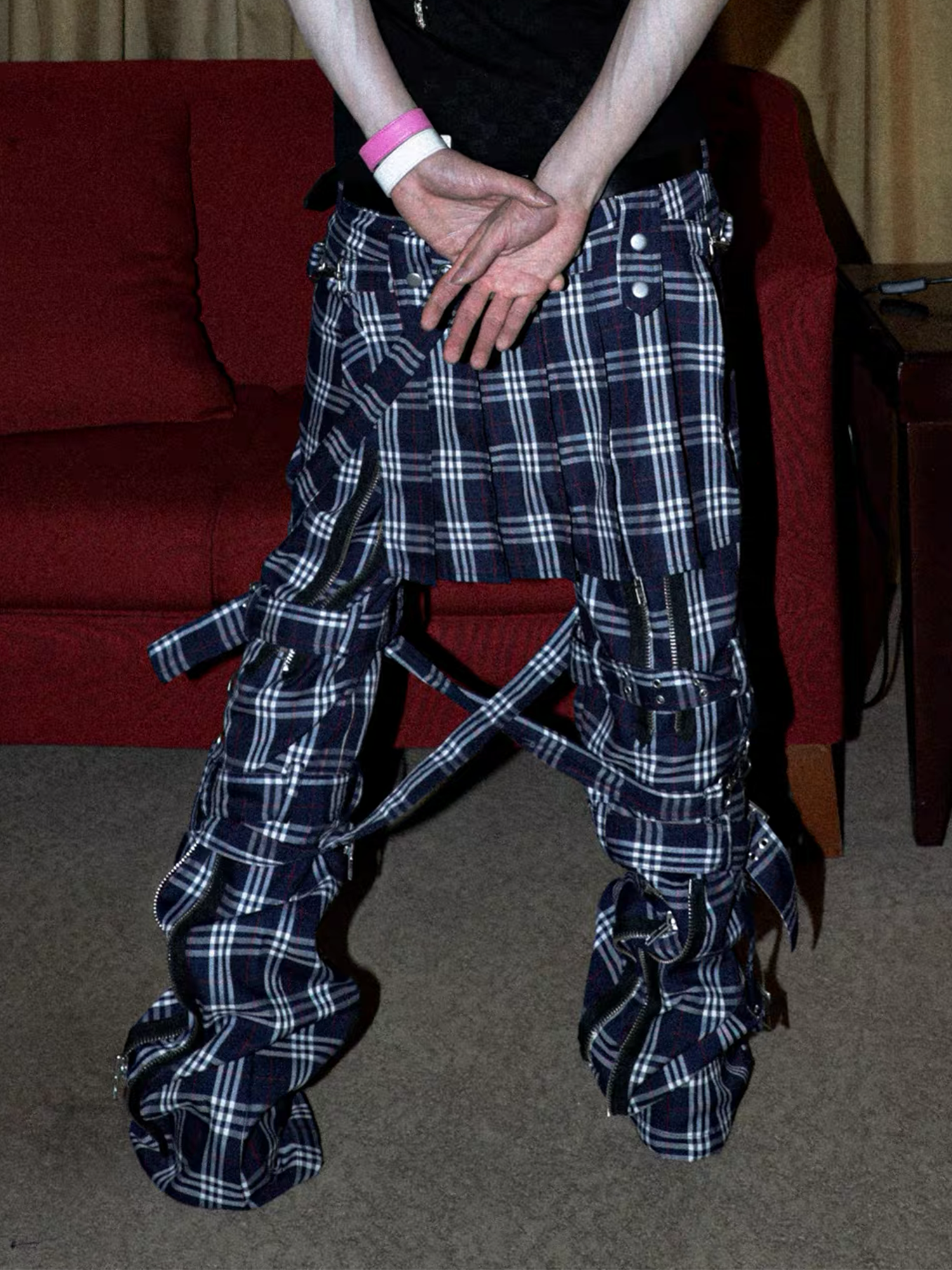 PCCVISION Detachable Skirt Panel Strap-Zip Plaid Flared Pants-Pants-S (Preorder)-Free Shipping Leatheretro