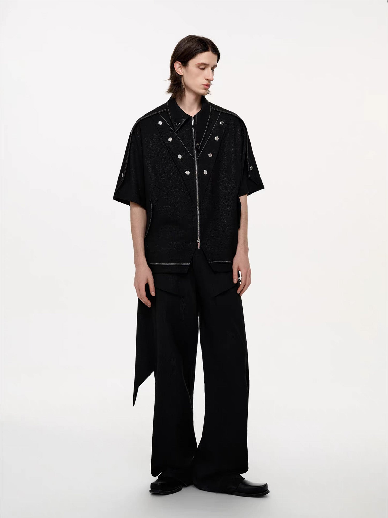 TIWILLTANG Studded Trim Zip-Up Half Shirt-T Shirt-S-Free Shipping Leatheretro