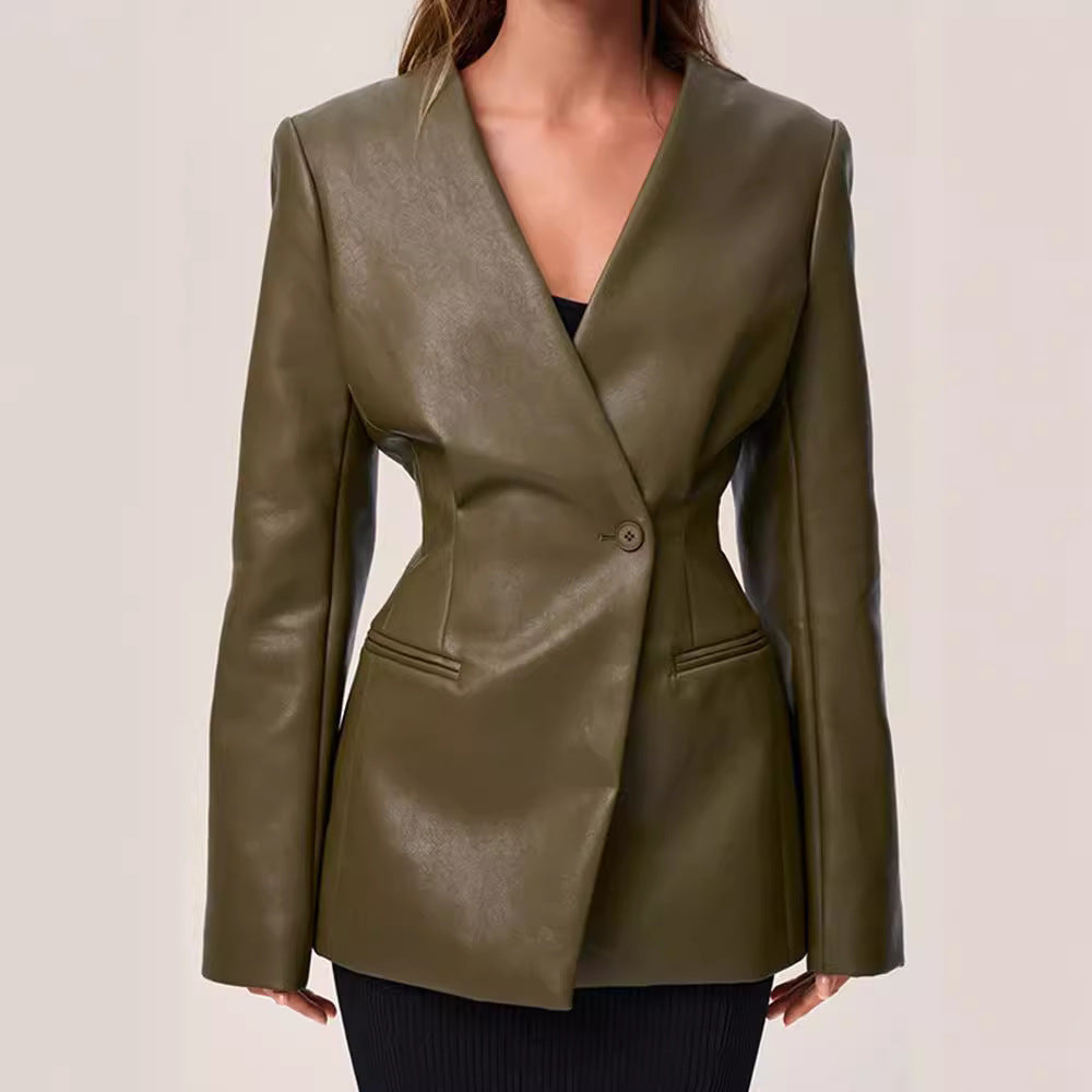 Fashionable Green V-Neck Slim-Fit Faux Leather Blazer-green-S-Free Shipping Leatheretro
