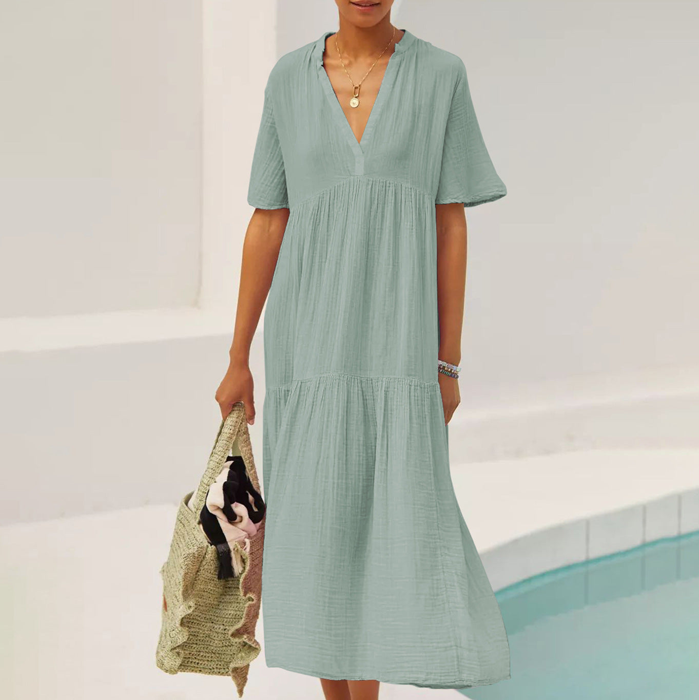 Summer V Neck Long Maxi Dresses-Dresses-Green-S-Free Shipping Leatheretro