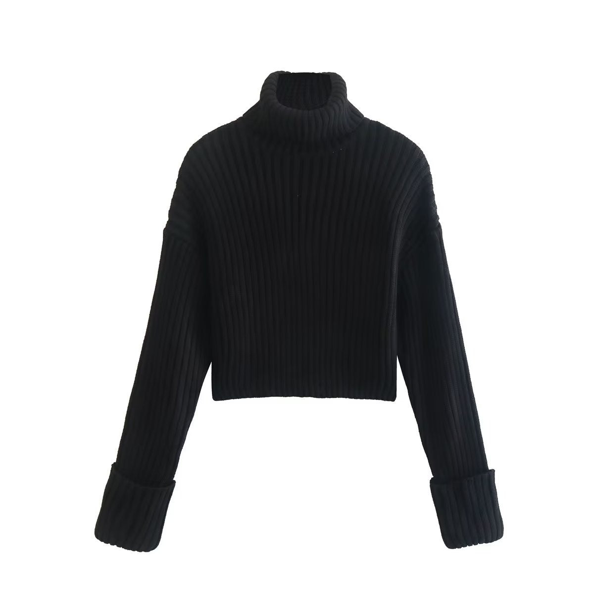 Casual High Neck Trumpet Sleeves Pullover Sweaters-Sweater&Hoodies-Black-S-Free Shipping Leatheretro