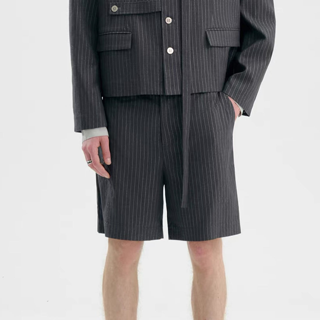 TIWILLTANG Straight-Leg Pinstripe Knee-Length Shorts-Shorts-S-Black-Free Shipping Leatheretro