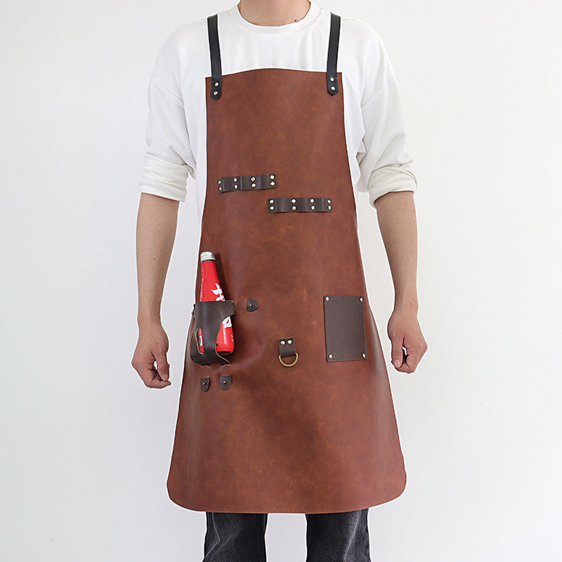 PU Leather BBQ Apron – Outdoor Cooking, Grilling & Picnic Apron with Bottle Holder – Oil-Resistant Work Apron-Leather Canvas Aprons-PU Brown-Free Shipping Leatheretro