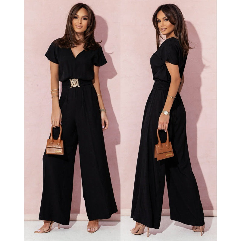 Fashion V Neck Short Sleeves Jumpsuits-dresses-Black-S-Free Shipping Leatheretro