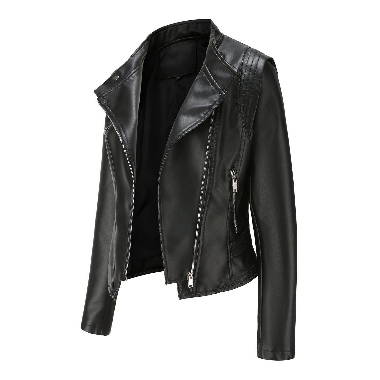 Women's Lapel Fitted Faux Leather Jacket-black-L-Free Shipping Leatheretro