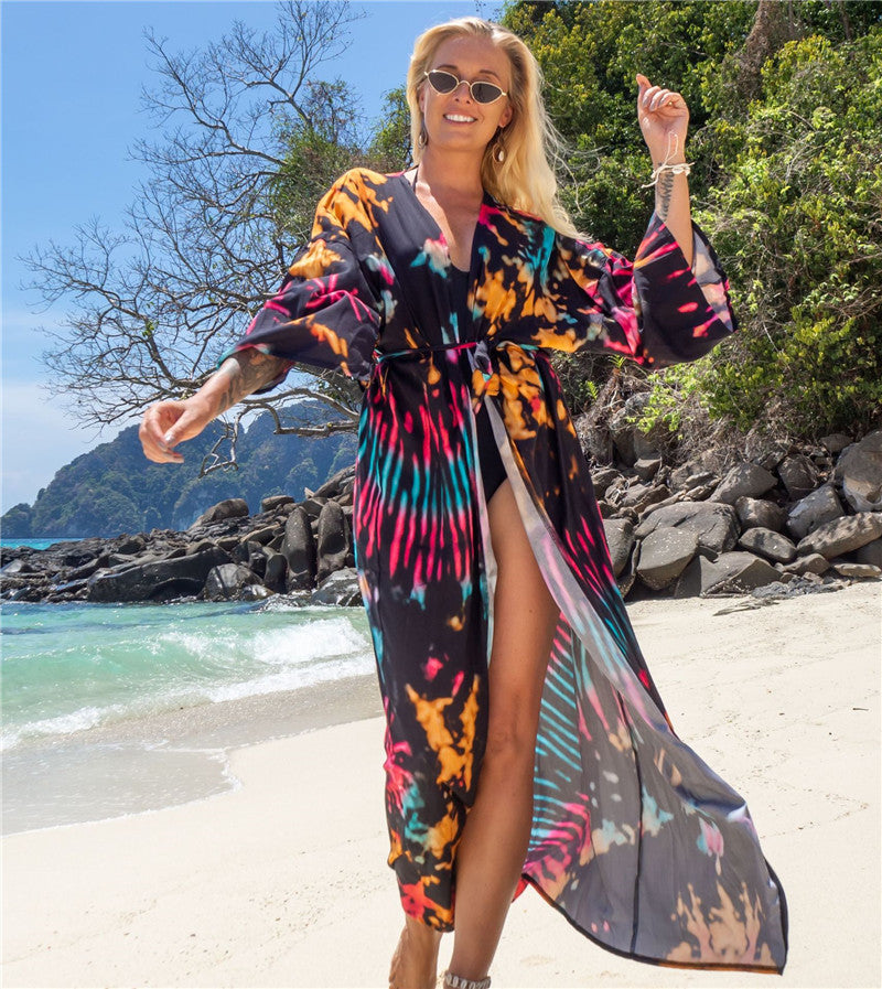 Fashion Floral Print Summer Kimono Beachwear Cover Ups-Black-One Size-Free Shipping Leatheretro