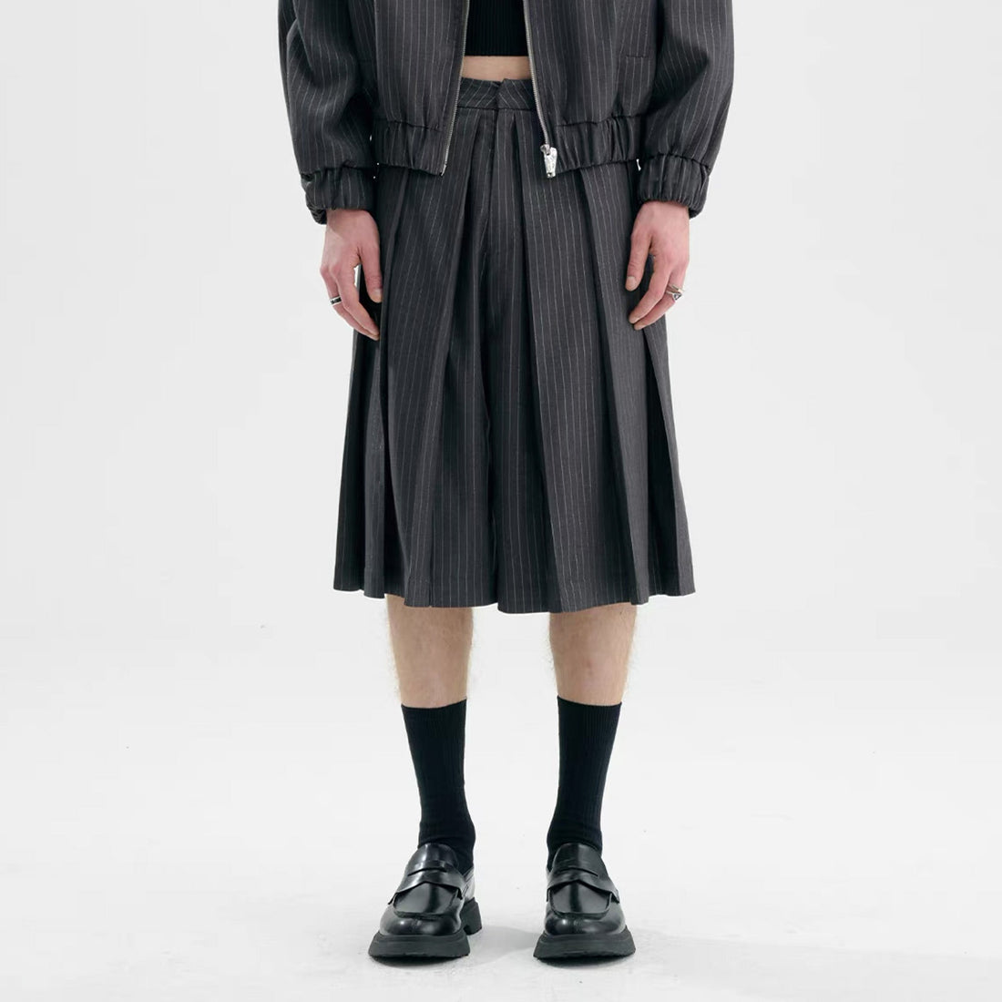 TIWILLTANG Pleated Pinstripe Skirt Shorts-Shorts-S-Black-Free Shipping Leatheretro