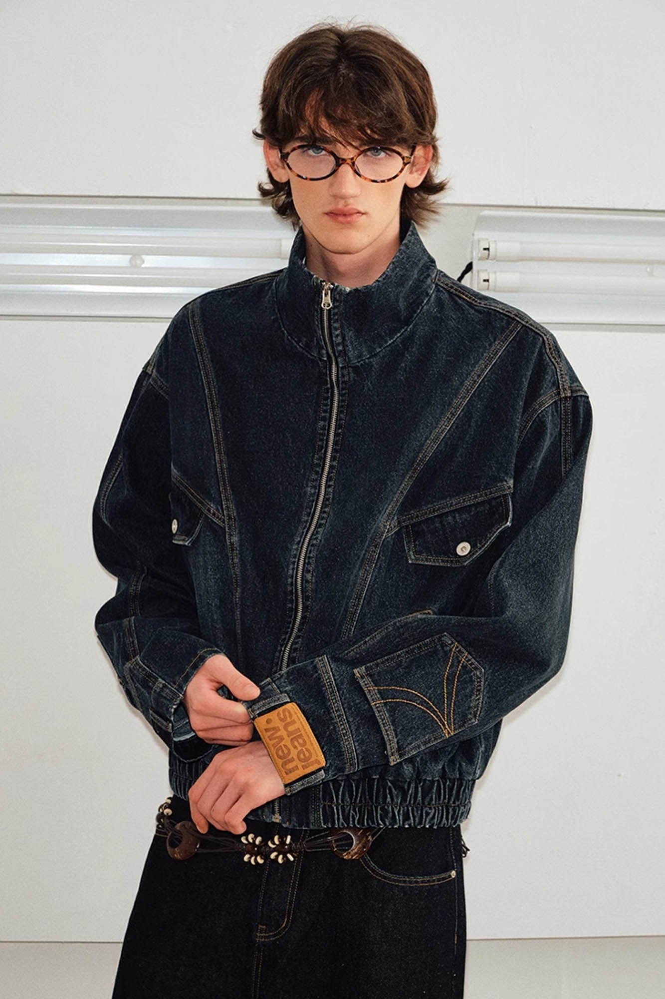 KREATE Jeans Cuff Spliced Stand Collar Jacket-Jacket-S-Black-Free Shipping Leatheretro