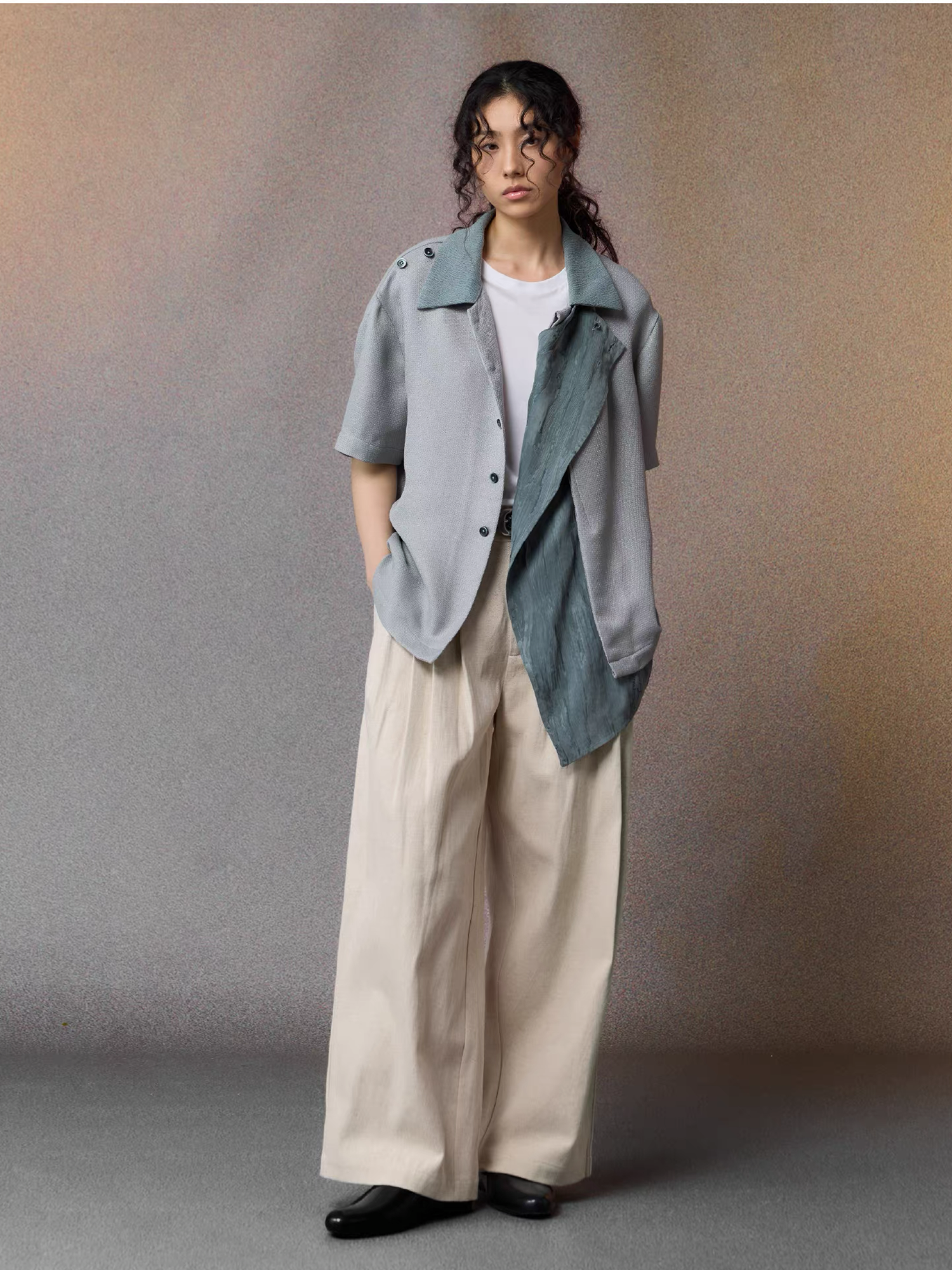 ALVNG AR ANTS Asymmetrical Contrast Spliced Linen Half Shirt-Half shirt-S-Blue-Free Shipping Leatheretro