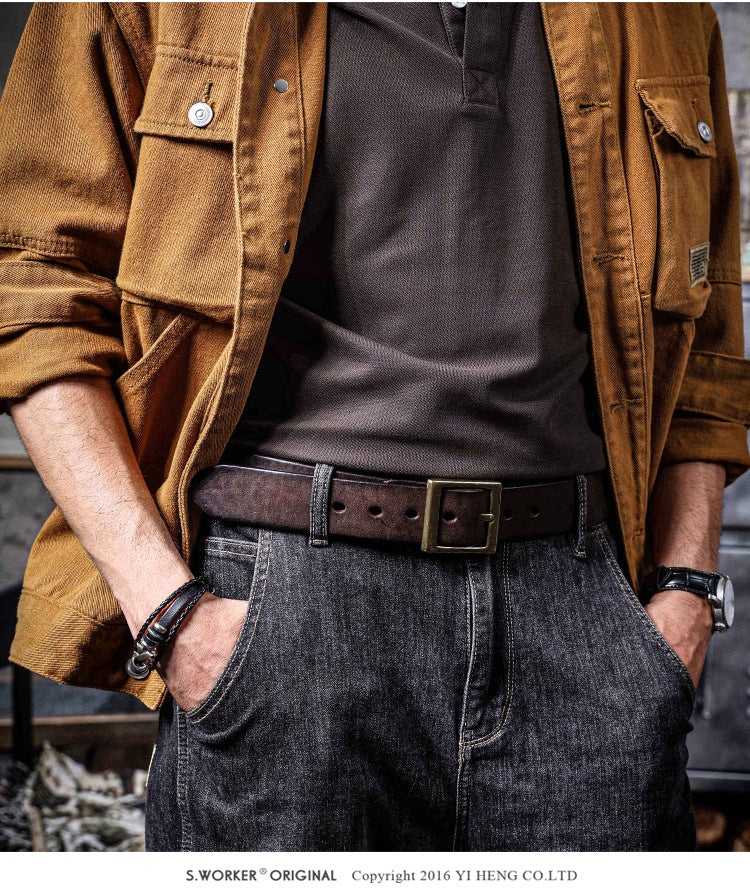 Vintage Men's Genuine Leather Belt Handmade Needle Buckle with Pure Copper Buckle Belt-Leather Belt-Dark Coffee-105cm-Free Shipping Leatheretro
