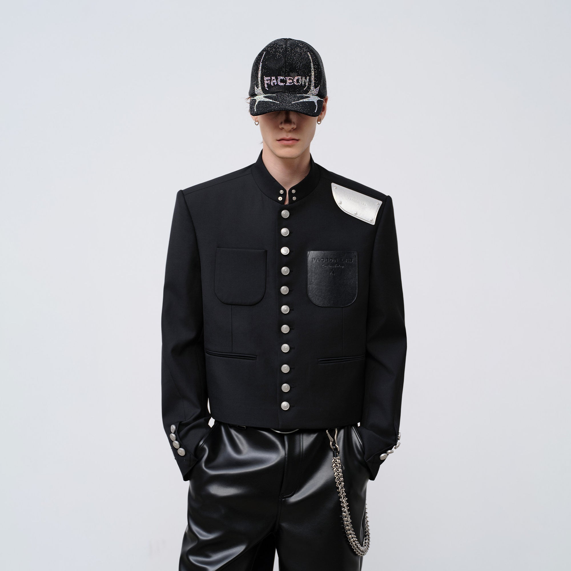 FACEONLAB Stand-Collar Metal-Shoulder Blazer Black-Jacket-M (Preorder)-Free Shipping Leatheretro
