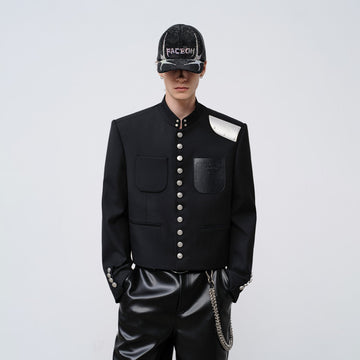 FACEONLAB Stand-Collar Metal-Shoulder Blazer Black-Jacket-M (Preorder)-Free Shipping Leatheretro