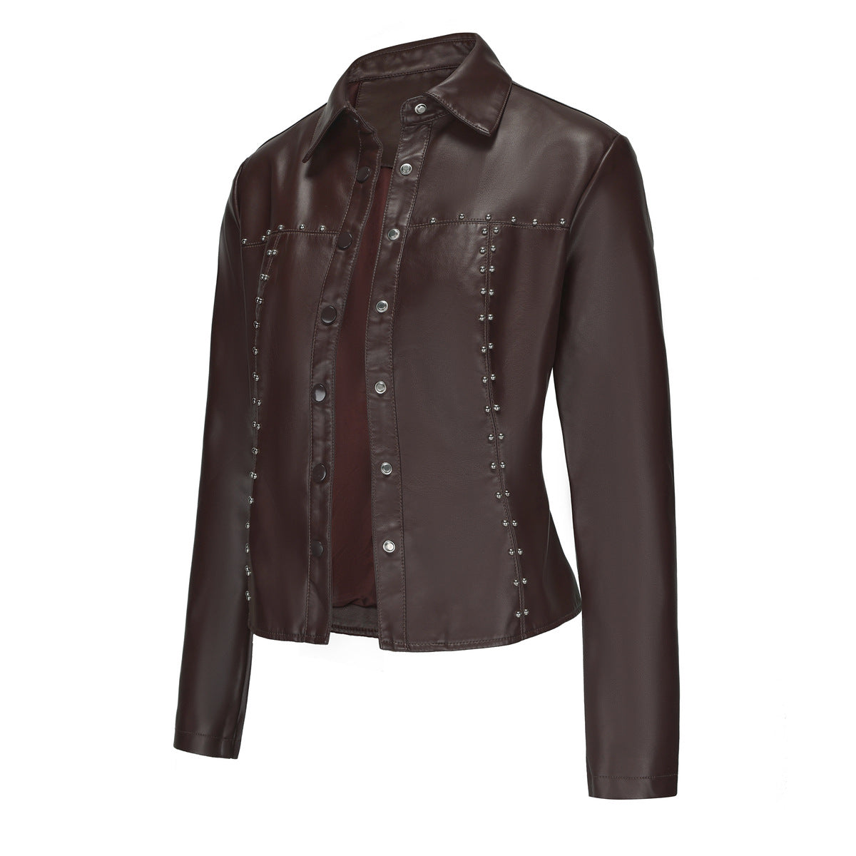 Stylish Rivet Button Leather Jacket-black-S-Free Shipping Leatheretro