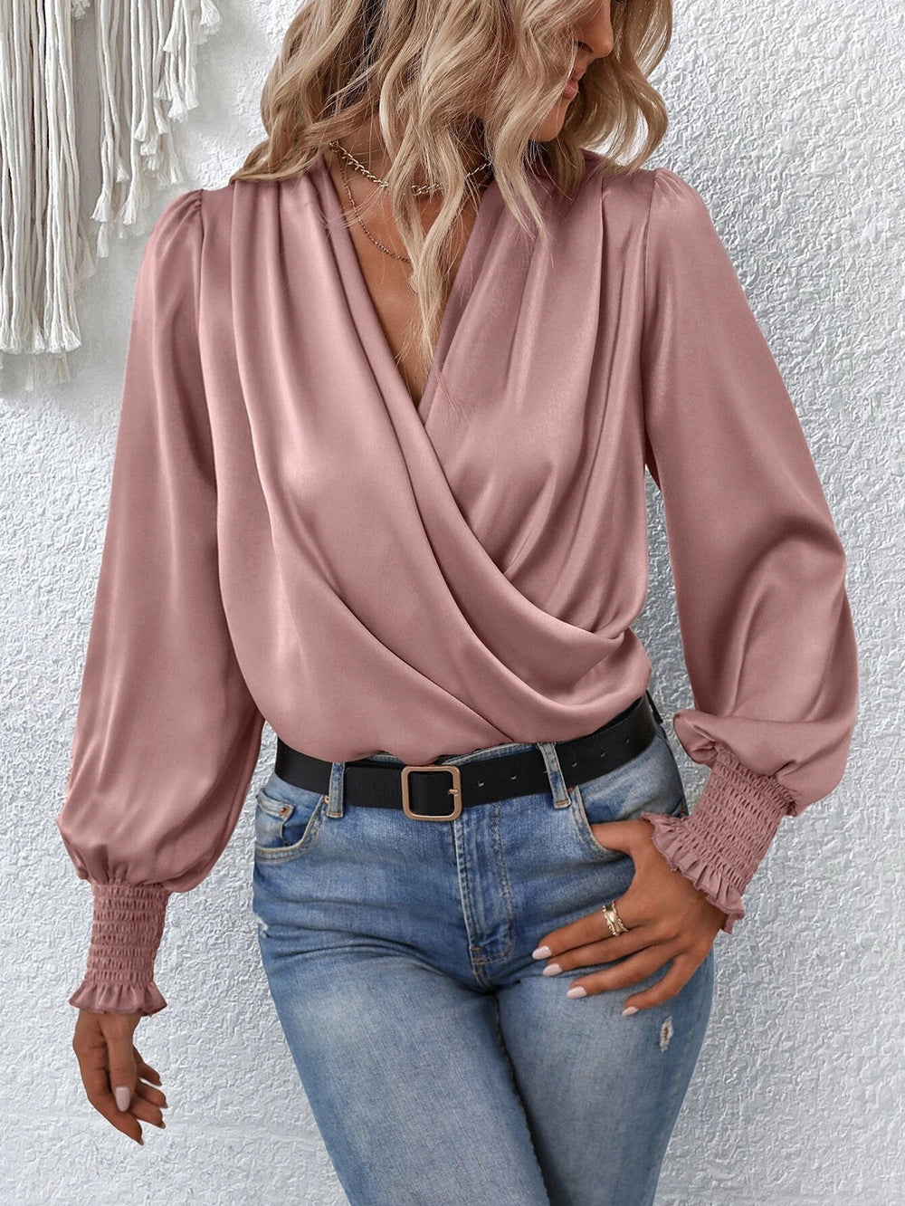 Elegant V Neck Long Sleeves Blouses Shirts-Shirts & Tops-Pink-S-Free Shipping Leatheretro