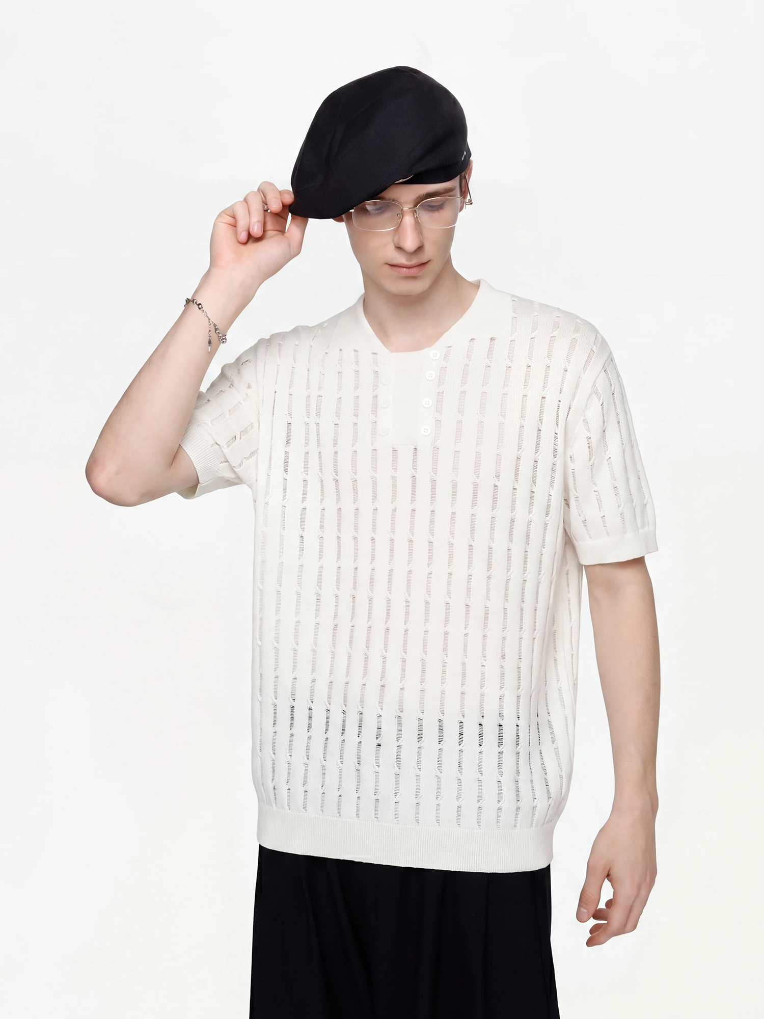 TIWILLTANG Essential Openwork Knitted T Shirt-T Shirt-S-Black-Free Shipping Leatheretro