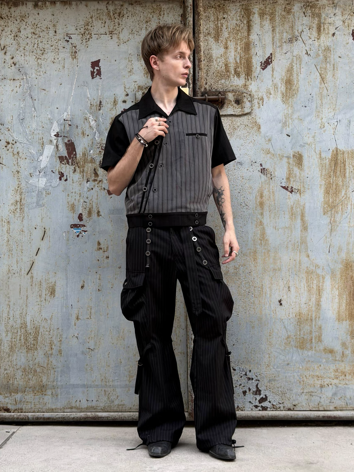 ESAIAS Pinstripe Grommet Belted Trousers-Pants-S / 29" (Preorder)-Free Shipping Leatheretro