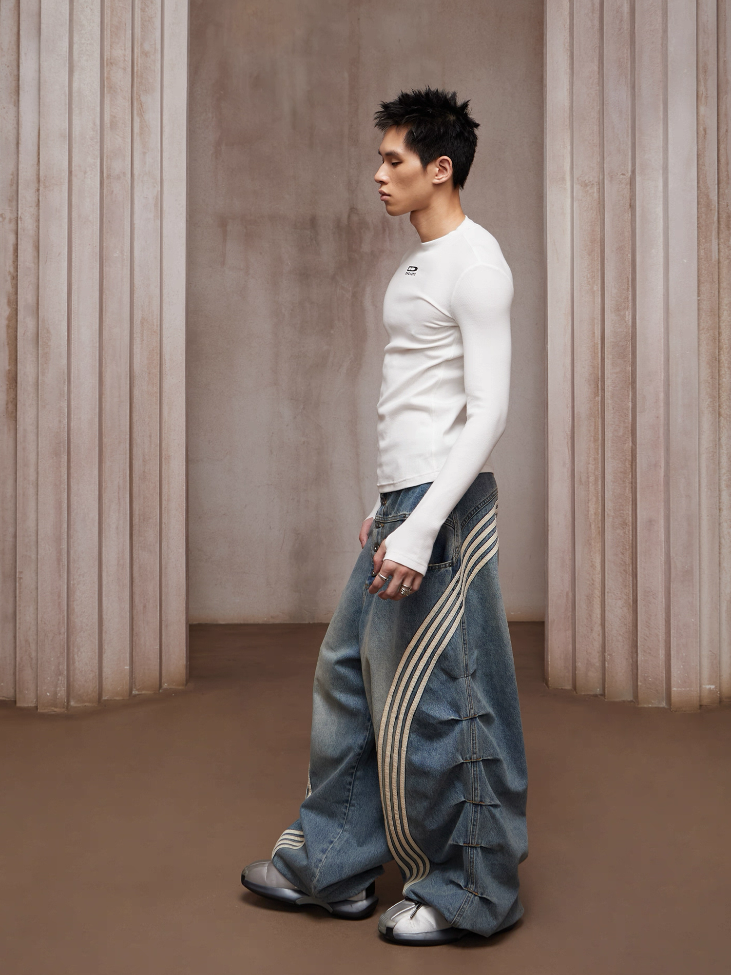 DND4DES Washed Ruched Striped Baggy Jeans-Jeans-XS (Preorder)-Blue-Free Shipping Leatheretro