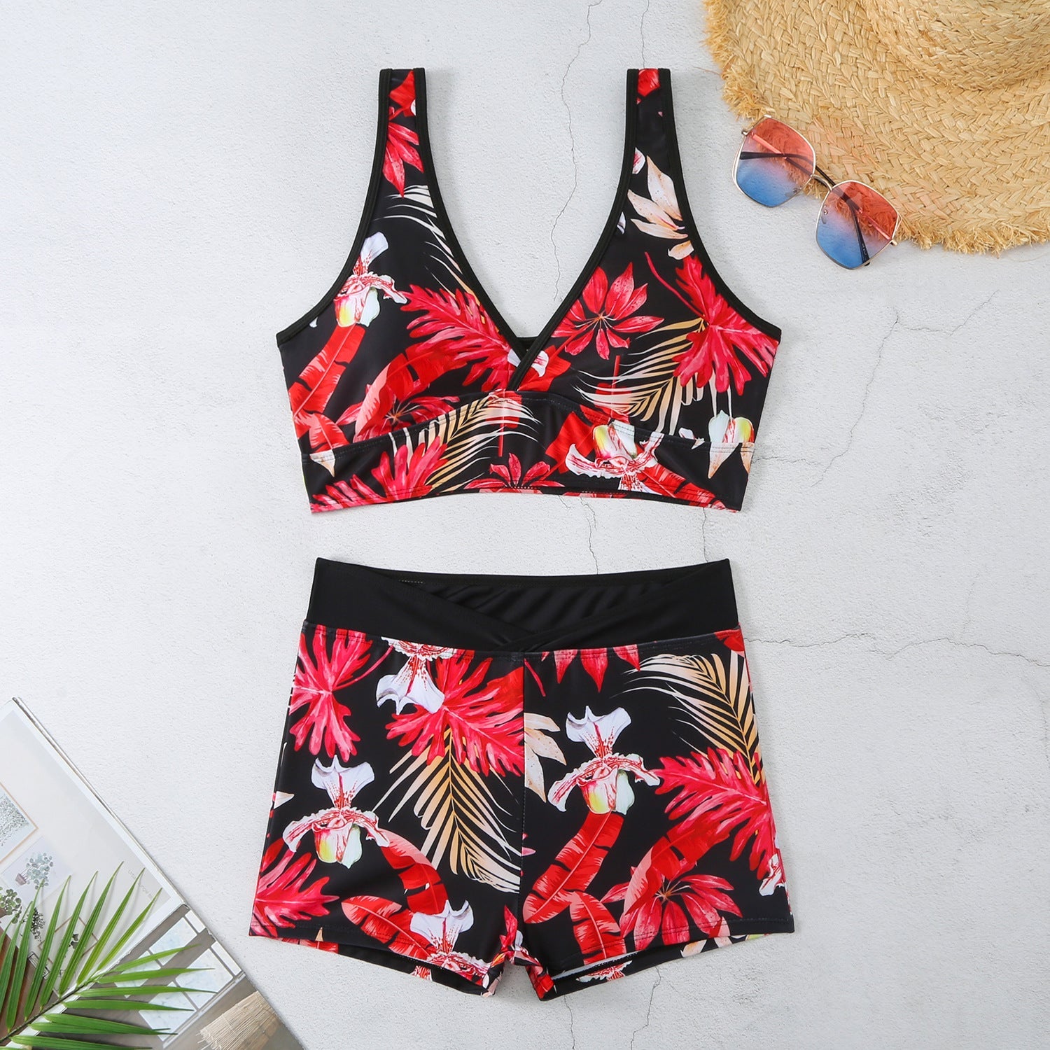 Sexy Floral Print Summer Boxer Swimsuits-Swimwear-Red Floral-S-Free Shipping Leatheretro