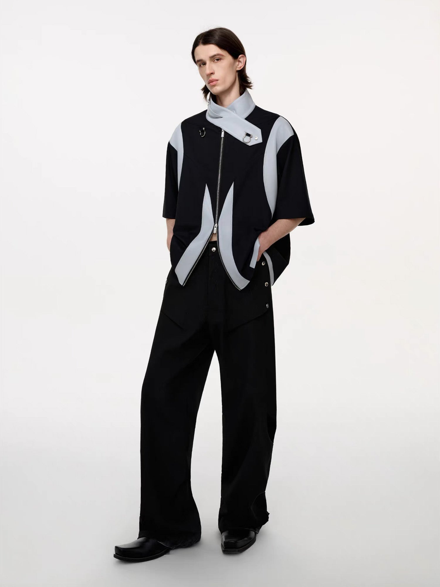 TIWILLTANG Layered-Collar Contrast-Panel Zip-Up Half Shirt-Shorts-S-Free Shipping Leatheretro