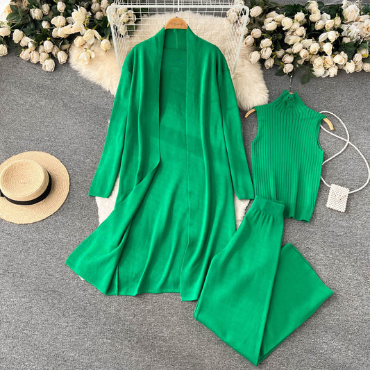 Fashion Fall Knitted 3pcs Cardigan High Neck Sweater Wide Legs Pants-suits-Green-One Size-Free Shipping Leatheretro