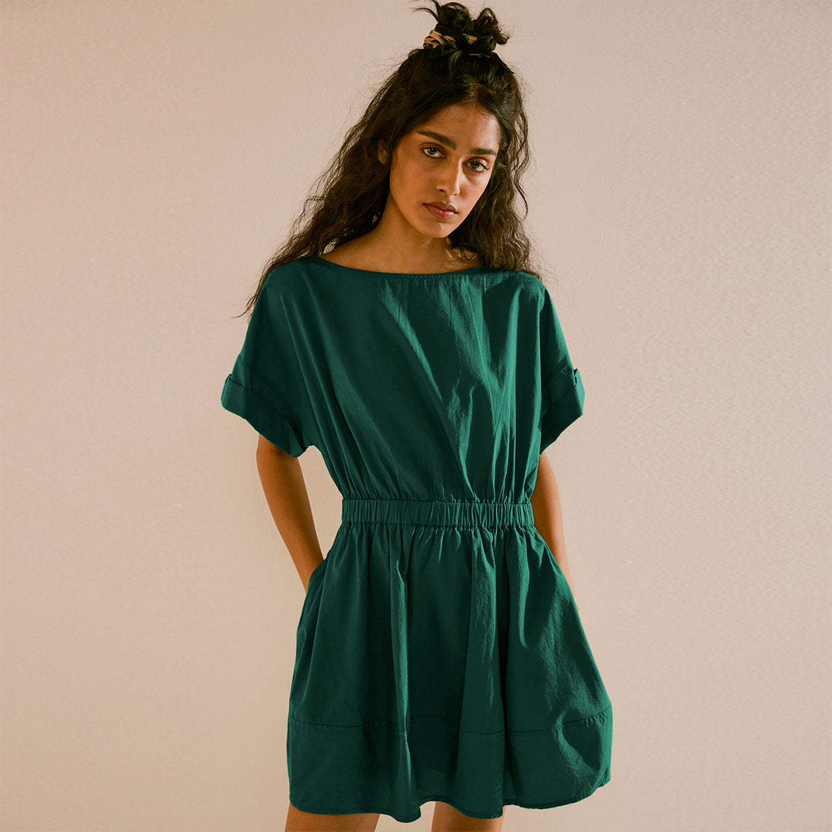 Summer Elastic Waist Short Vacation Dresses-Dresses-Dark Green-S-Free Shipping Leatheretro