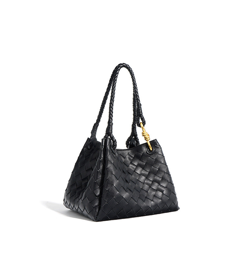 Niche Design New Retro Metal Buckle Woven Tote Bag-Handbags-Apricot-Free Shipping Leatheretro