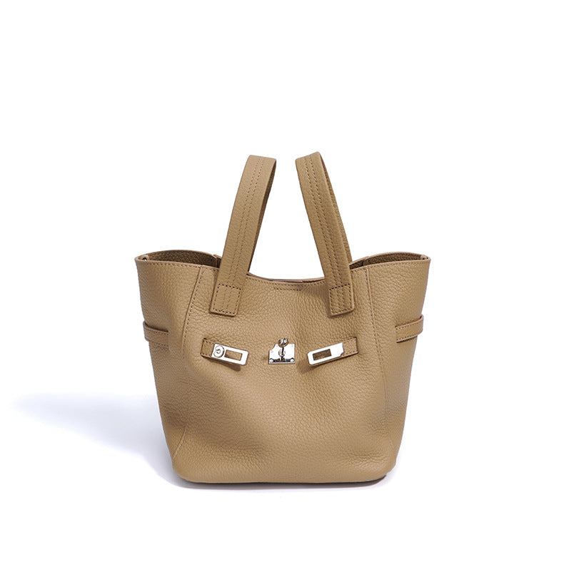 Top-Grain Leather Handbag – Stylish Basket Shoulder Bag with Lock Closure-Milkshake powder-Free Shipping Leatheretro