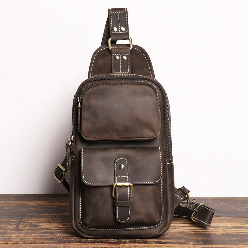 European and American Men's Crazy Horse Leather Crossbody Chest Bag-Chest Bags-Dark Brown-Free Shipping Leatheretro