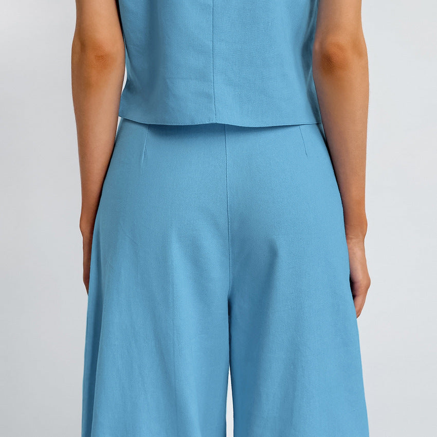 Casual V Neck Sleeveless Tops and Pant Suits-Suits-Blue-S-Free Shipping Leatheretro