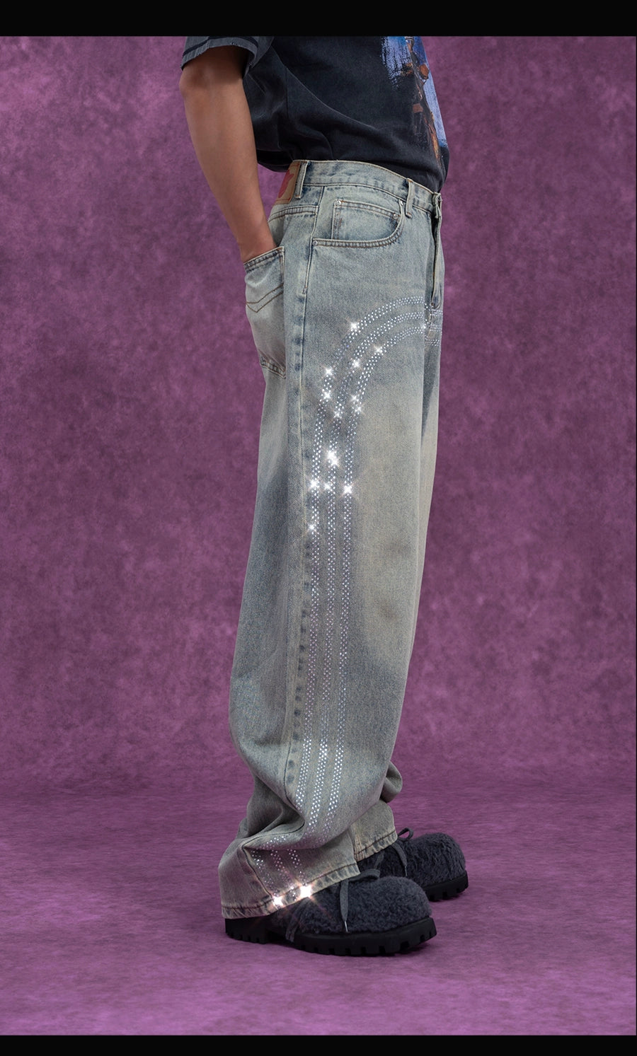 CLP Men's Retro Light Blue Curved Hem Jeans-Light Blue-S-Free Shipping Leatheretro