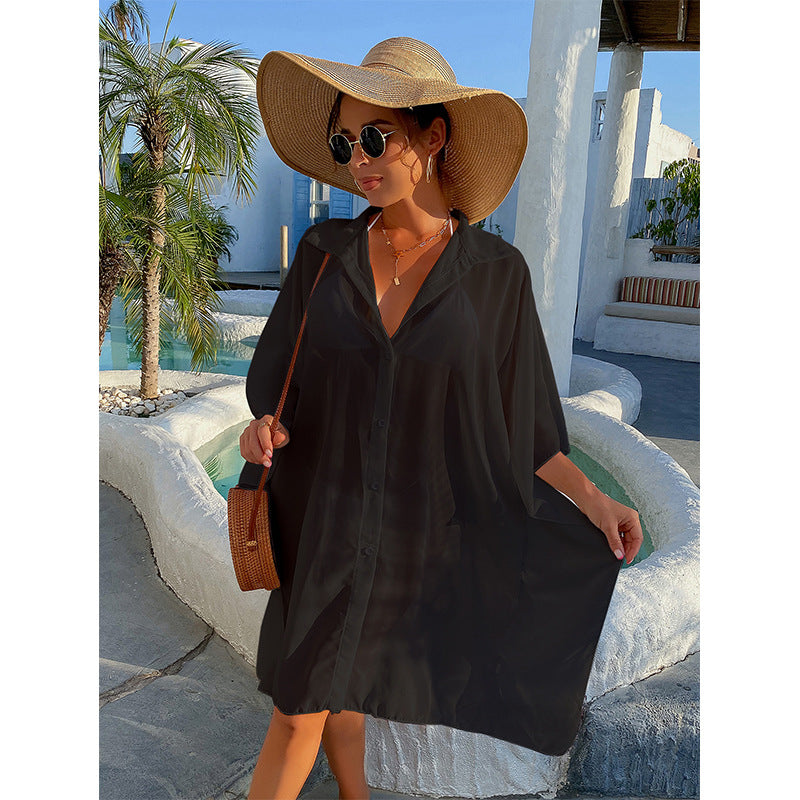 Summer Leisure Shirts Bikini Beach Cover Ups-Swimwear-Black-S-Free Shipping Leatheretro