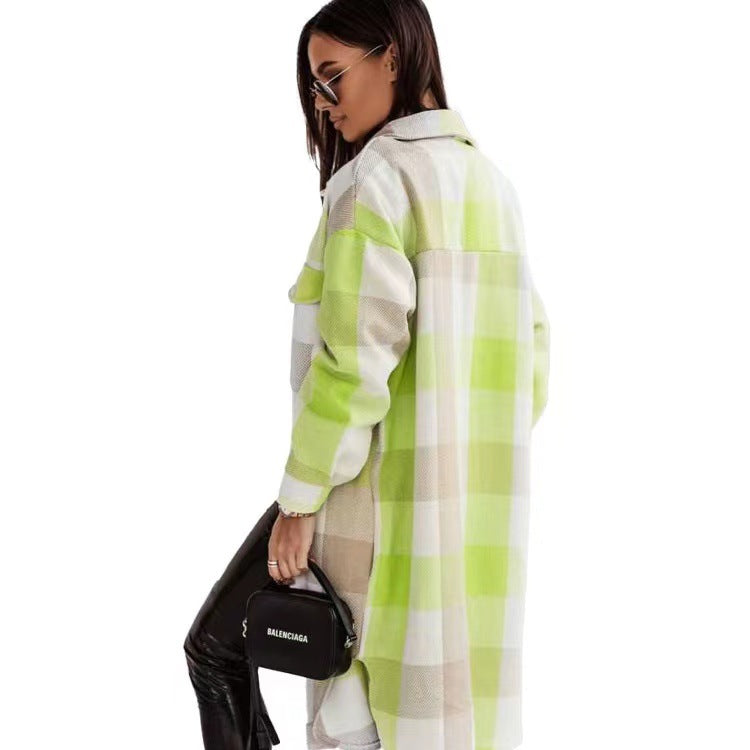 Fashion Colorful Plaid Women Overcoats-Outerwear-Green-S-Free Shipping Leatheretro