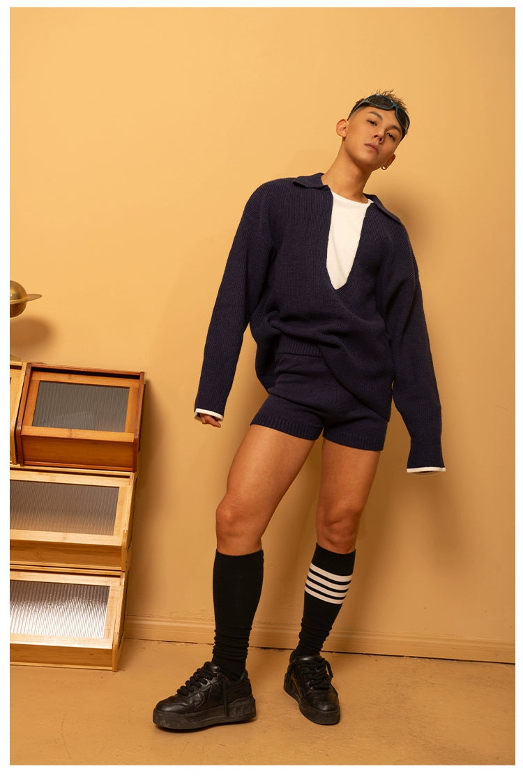 CLP Unisex Ash Black Navy Collar Knit Sweater-Gray-S-Free Shipping Leatheretro