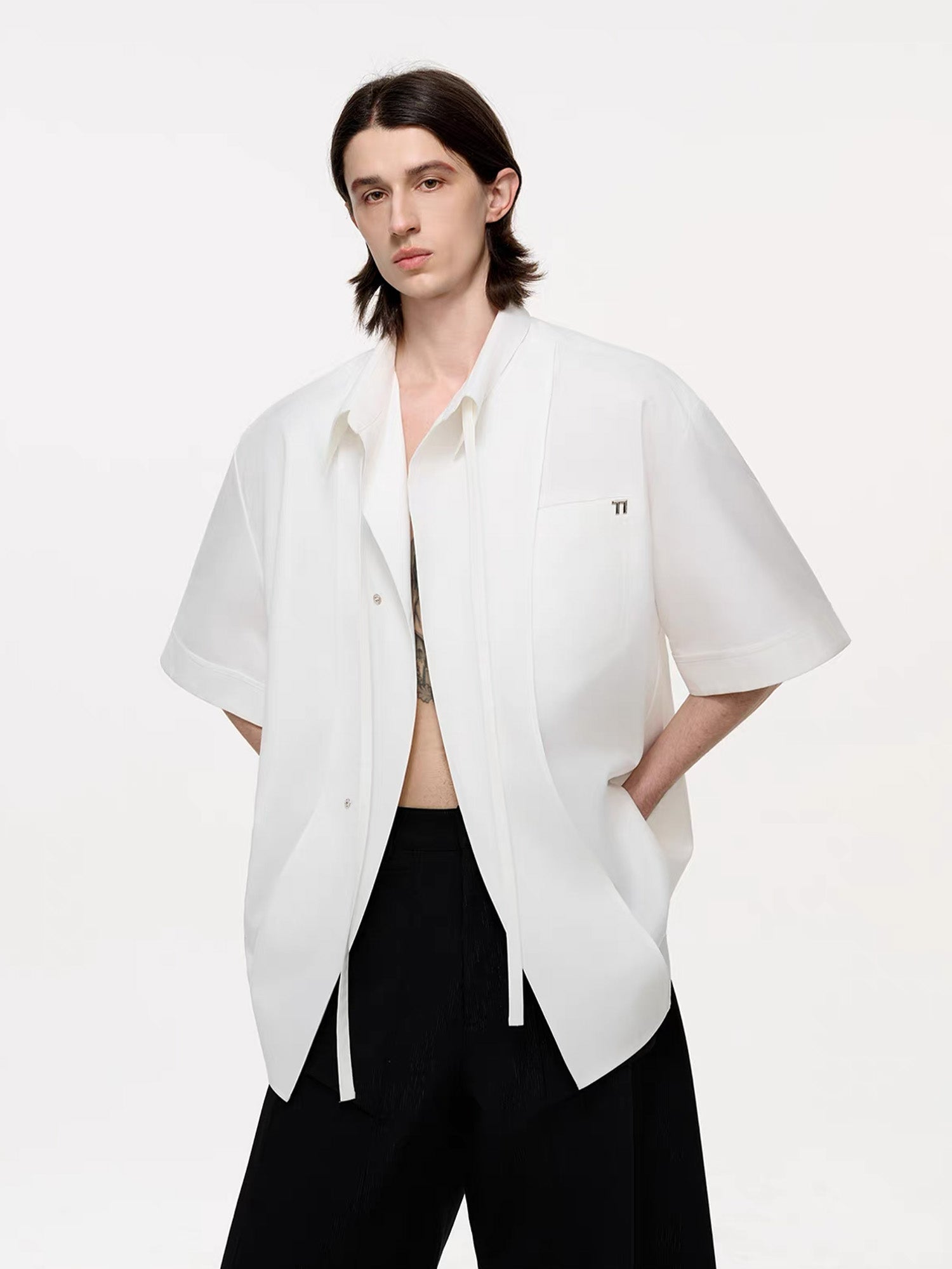 TIWILLTANG Draped Camp-Collar T Shirt-Jacket-S-Black-Free Shipping Leatheretro