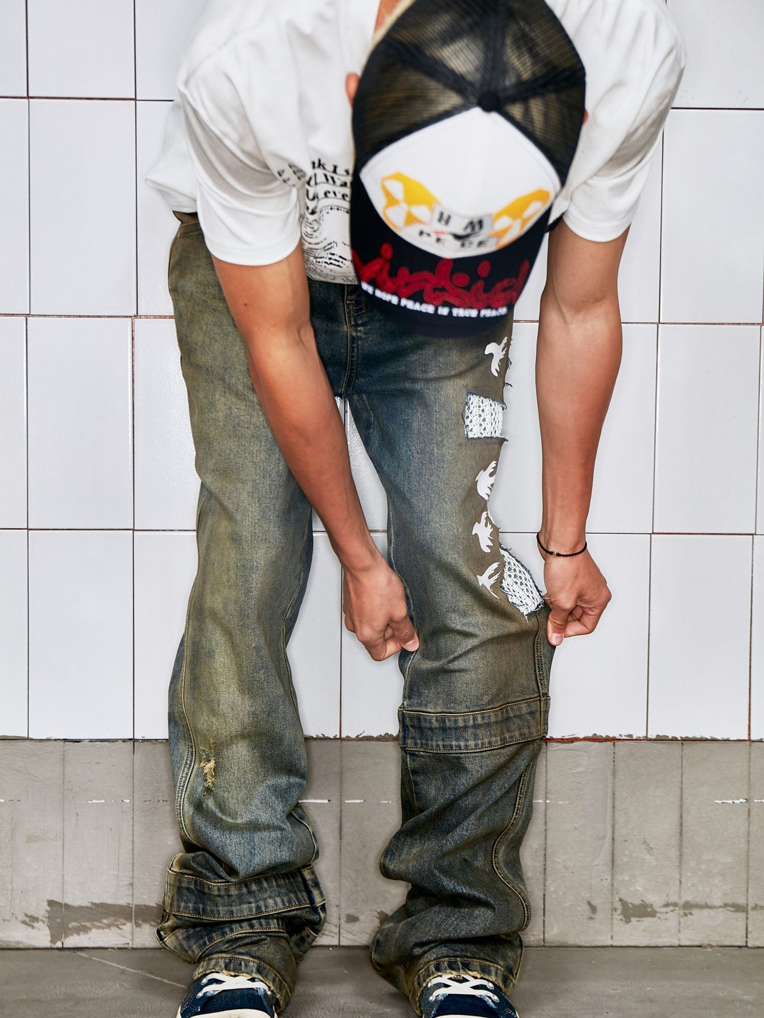 VINKID Cutout Cross & Peace Dove Patchwork Washed Jeans-Jeans-S-Free Shipping Leatheretro