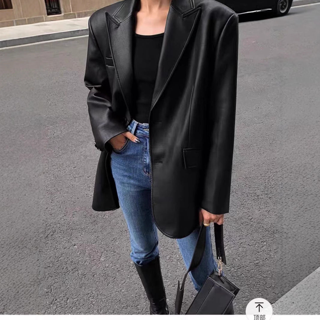 Women's Faux Leather Blazer – Oversized Casual Jacket-black-S-Free Shipping Leatheretro