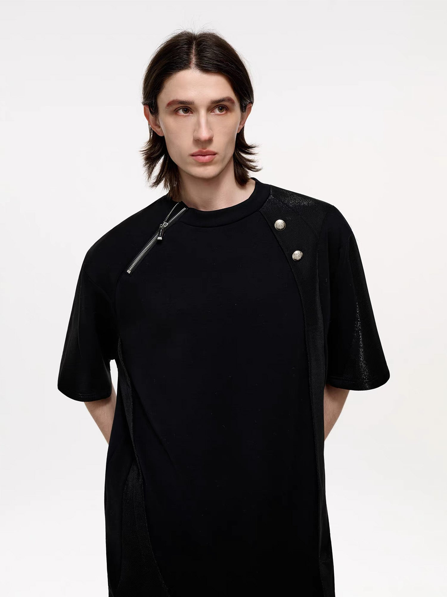 TIWILLTANG Asymmetrical Zip Layered T Shirt-T Shirt-S (Preorder)-Free Shipping Leatheretro