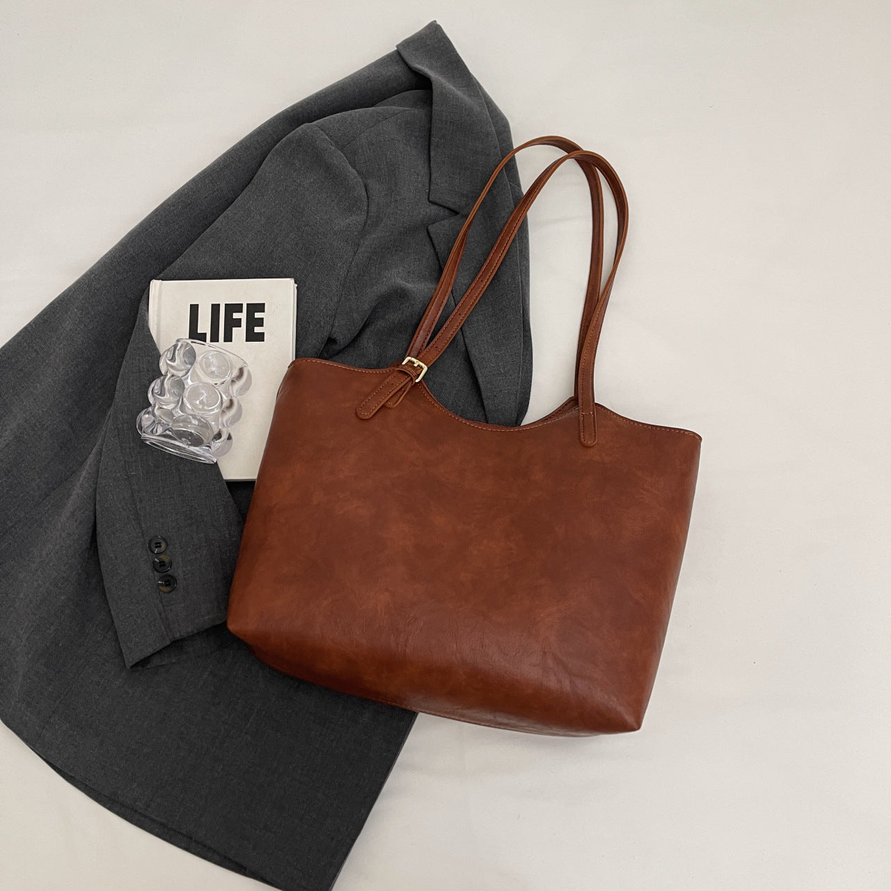 Vintage Soft Faux Leather Tote Bag for Women-Black with pendant.-Free Shipping Leatheretro