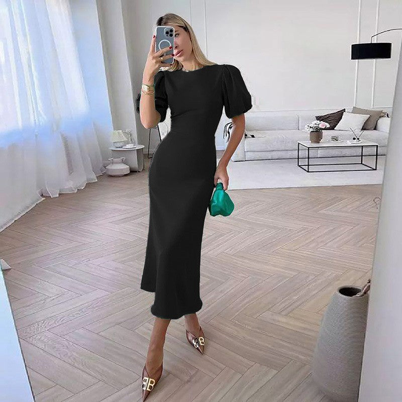 Elegant Round Neck High Waist Midi Dresses-Dresses-Black-S-Free Shipping Leatheretro