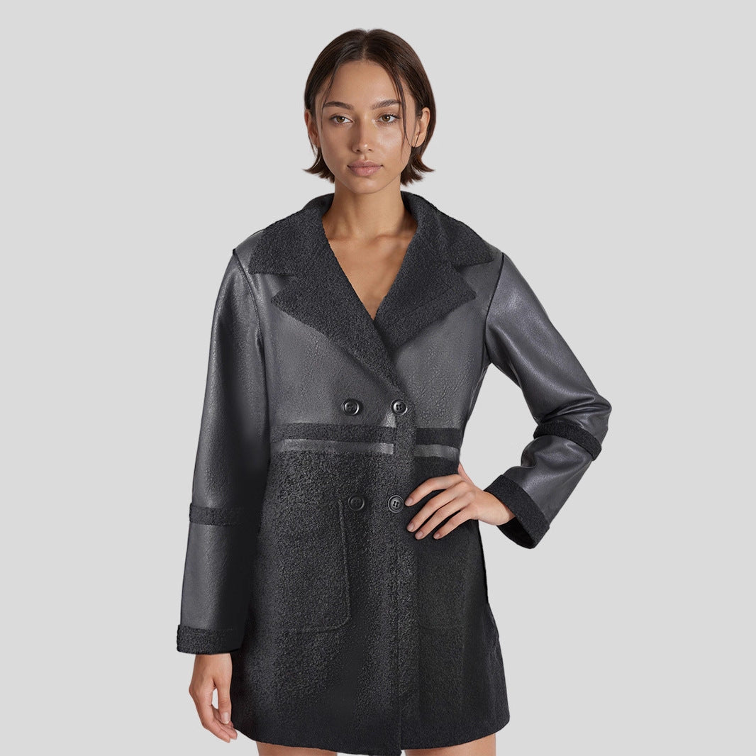 Women's Mid-Long PU Leather Jacket-Black-S 50-57kg-Free Shipping Leatheretro