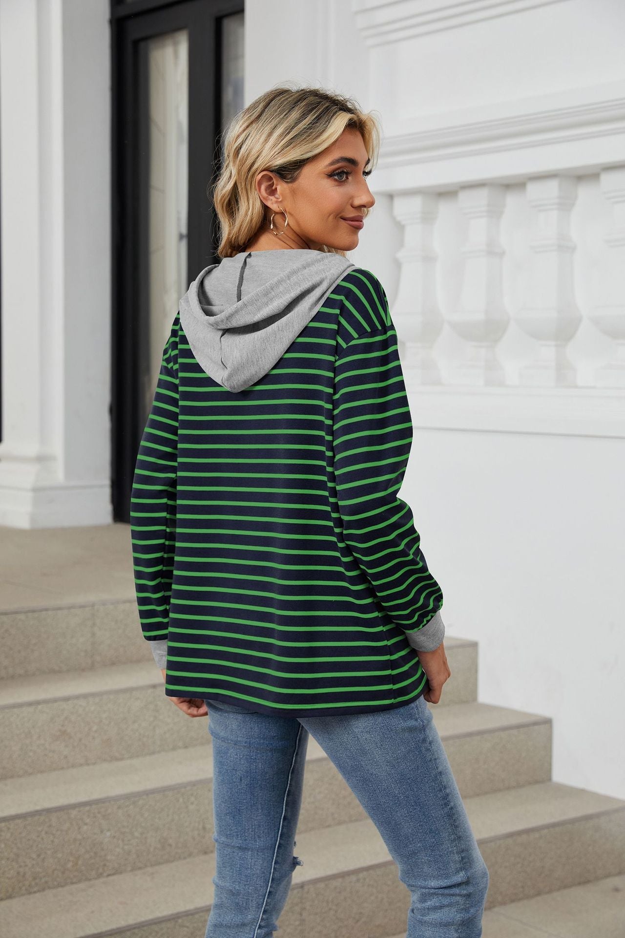 Casual Striped Long Sleeves Hoodies-Sweater&Hoodies-Navy Blue-S-Free Shipping Leatheretro