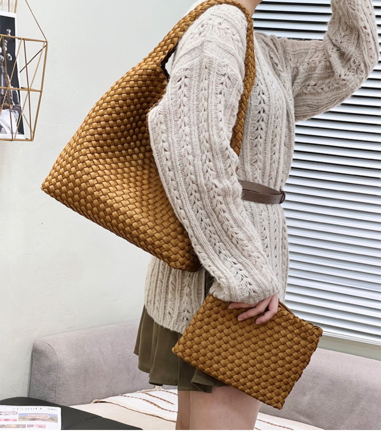 Handwoven Nylon Tote Bag for Women-Black + woven change purse-Free Shipping Leatheretro