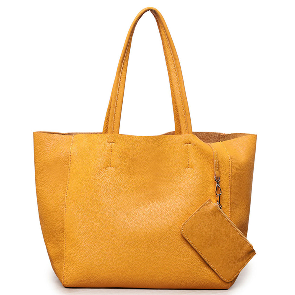 Large Capacity Tote Bag – Genuine Leather Commuter, Mom Shopping Bag-Handbags-Yellow horizontal style (100% natural drop pattern cowhide on the first layer)-Free Shipping Leatheretro