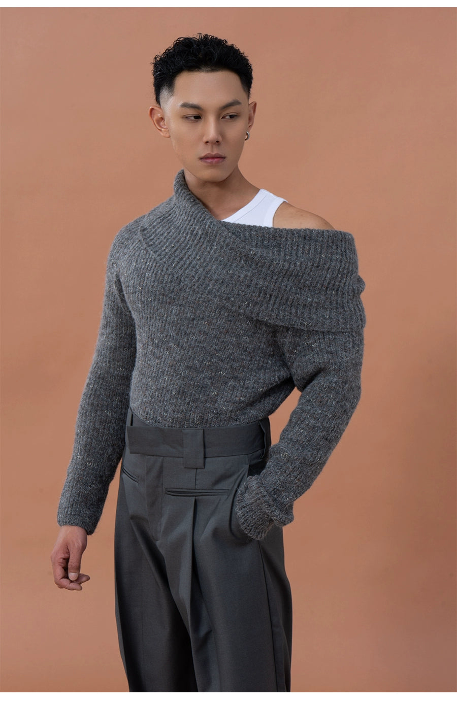 CLP Grey Off-Shoulder Wool Sweater | Relaxed Fit Ribbed Knit-Sweater-Gray-S-Free Shipping Leatheretro